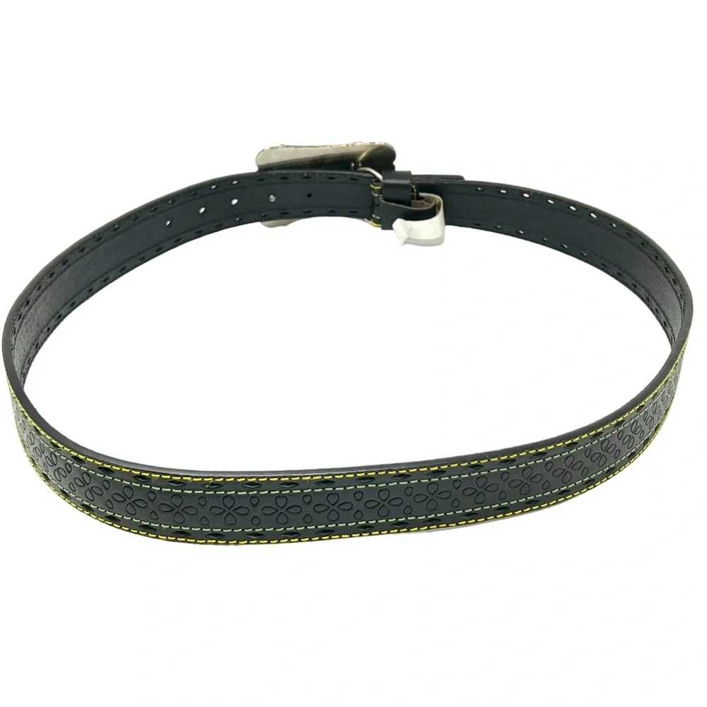 John Deere women's Black Embossed Leather Belt with Rhinestone Buckle sz XL NWOT